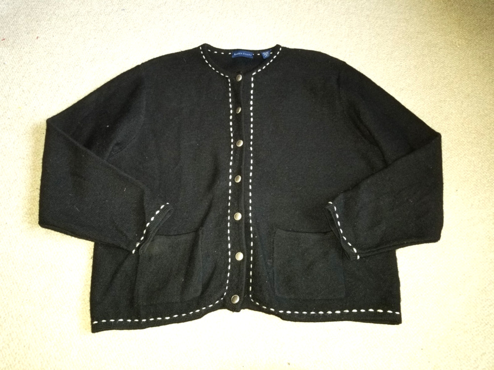VINTAGE Y2K Womens Sweater-KAREN SCOTT-black boiled wool cardigan Old Money-XL